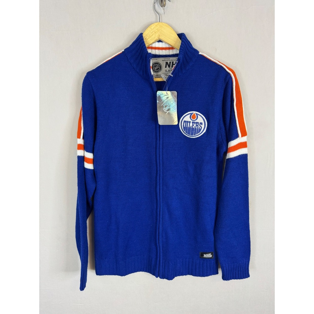 NHL VIntage Edmonton Oilers Ilanco Full Zip Knit‎ Sweater Blue Orange Mens Small